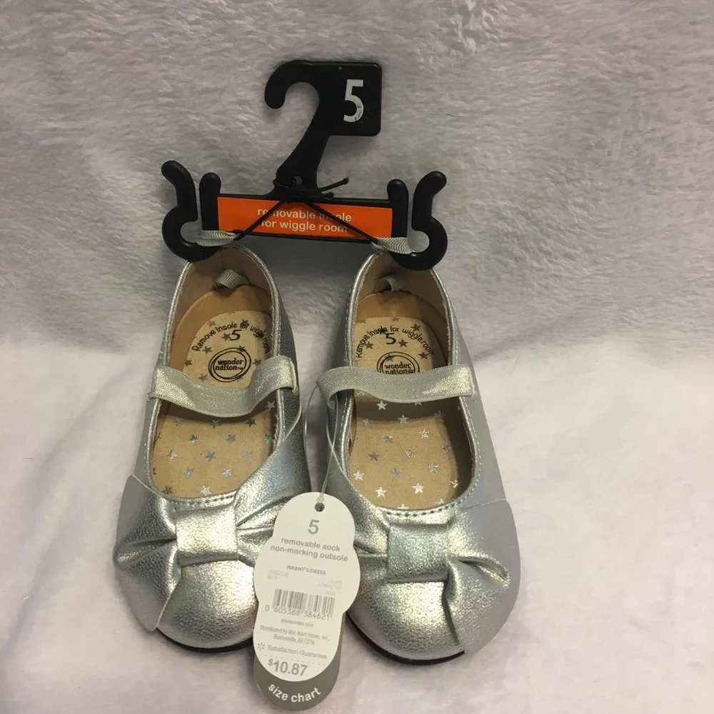 Wonder Nation Dress Shoes Infant 5 Silver‎ New Bow Metallic Mary Jane Flat